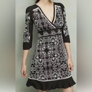 Anthropologie Vanessa Virginia  Black White Embroidered Dress size 2, 3/4 sleeve
